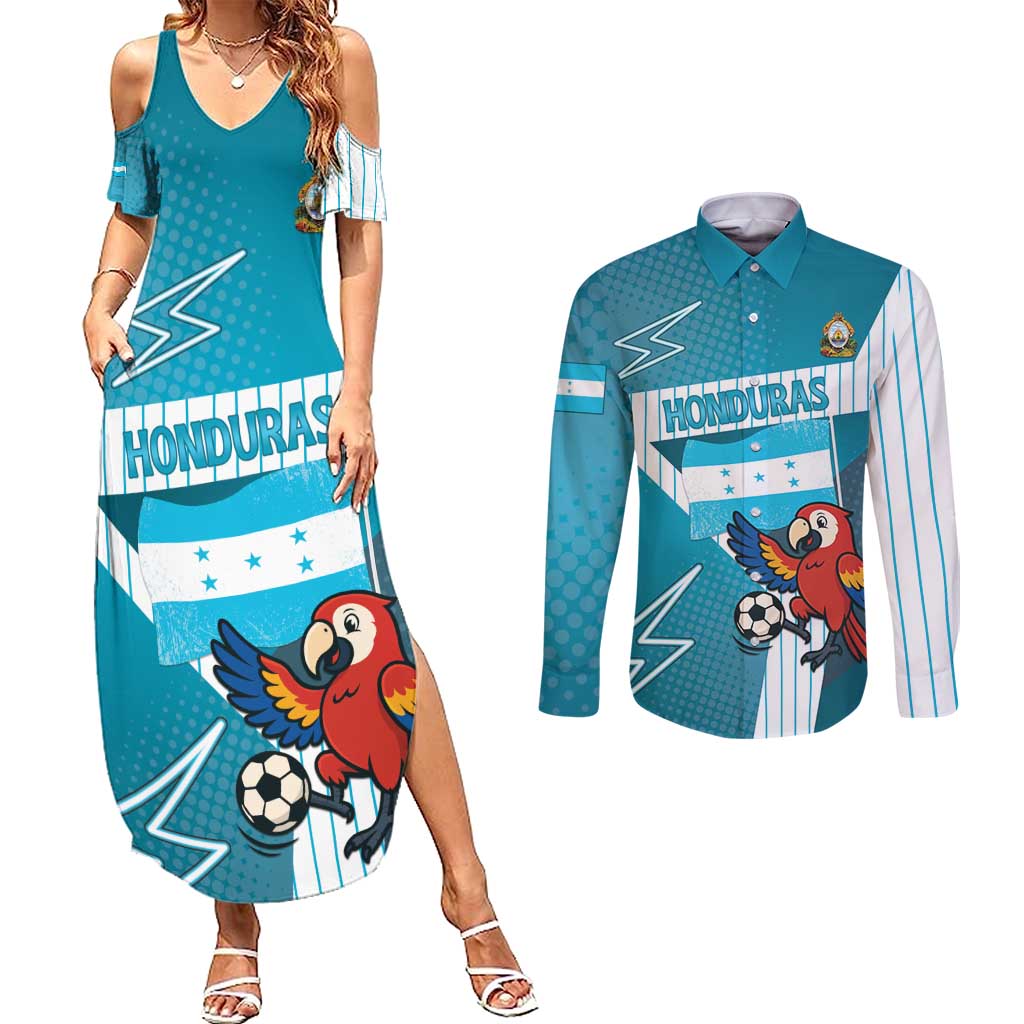 Personalized Honduras Football Couples Matching Summer Maxi Dress and Long Sleeve Button Shirt Scarlet Macaw Mascot