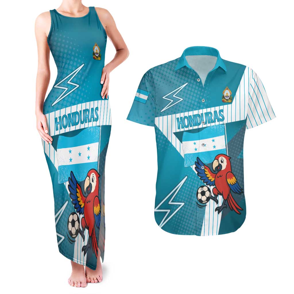 Personalized Honduras Football Couples Matching Tank Maxi Dress and Hawaiian Shirt Scarlet Macaw Mascot