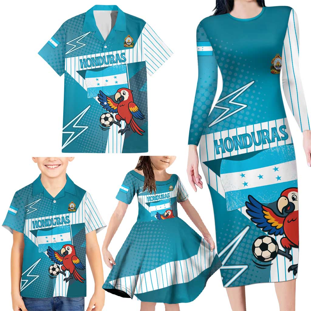 Personalized Honduras Football Family Matching Long Sleeve Bodycon Dress and Hawaiian Shirt Scarlet Macaw Mascot