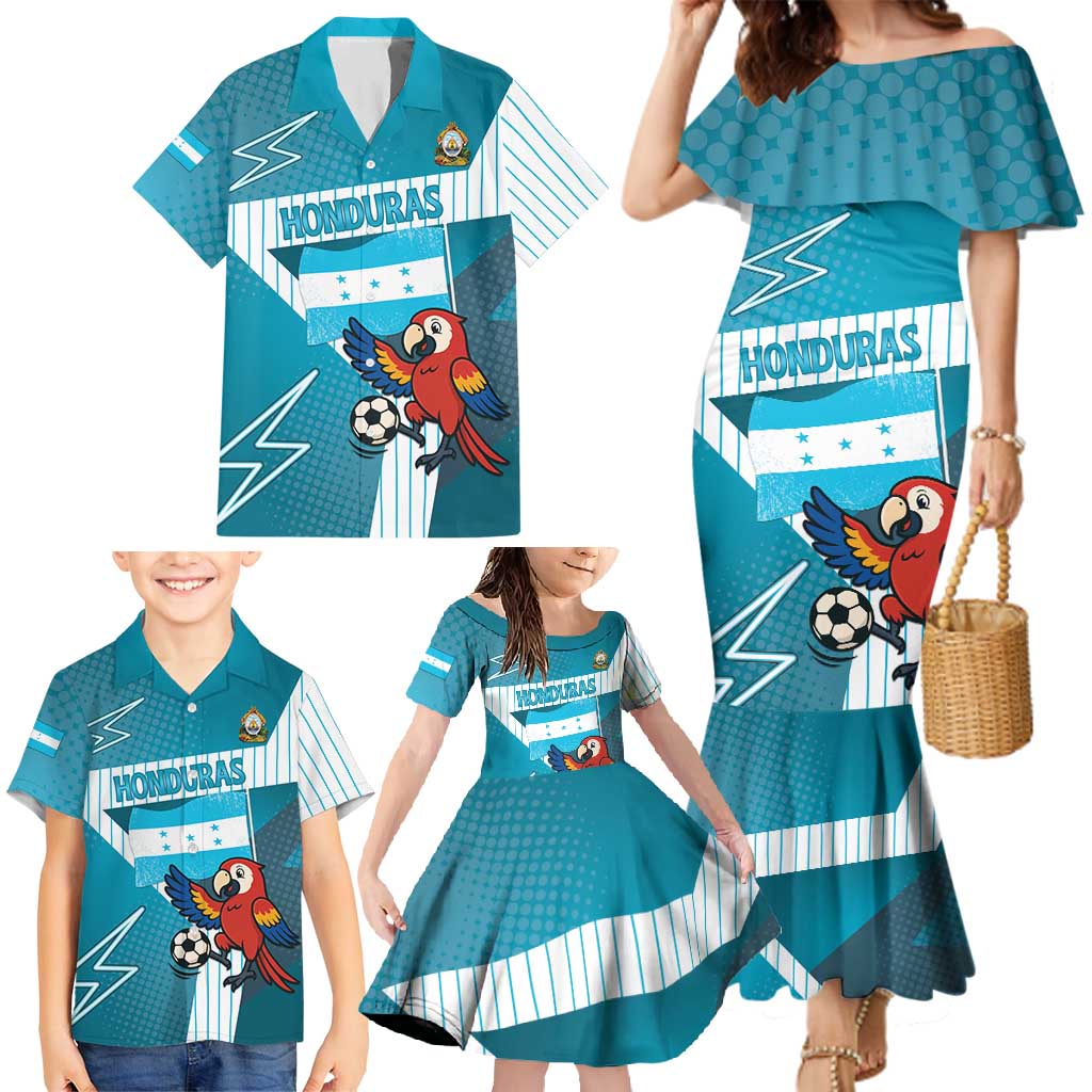 Personalized Honduras Football Family Matching Mermaid Dress and Hawaiian Shirt Scarlet Macaw Mascot