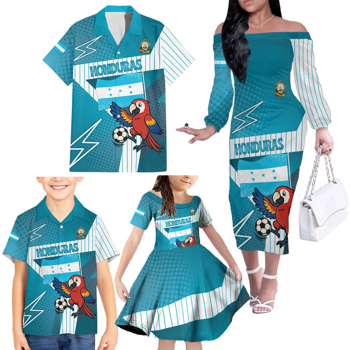 Personalized Honduras Football Family Matching Off The Shoulder Long Sleeve Dress and Hawaiian Shirt Scarlet Macaw Mascot