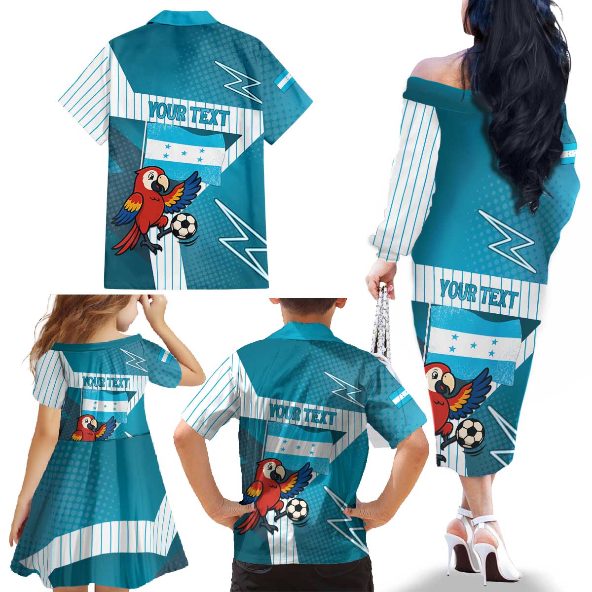 Personalized Honduras Football Family Matching Off The Shoulder Long Sleeve Dress and Hawaiian Shirt Scarlet Macaw Mascot
