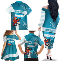 Personalized Honduras Football Family Matching Off The Shoulder Long Sleeve Dress and Hawaiian Shirt Scarlet Macaw Mascot
