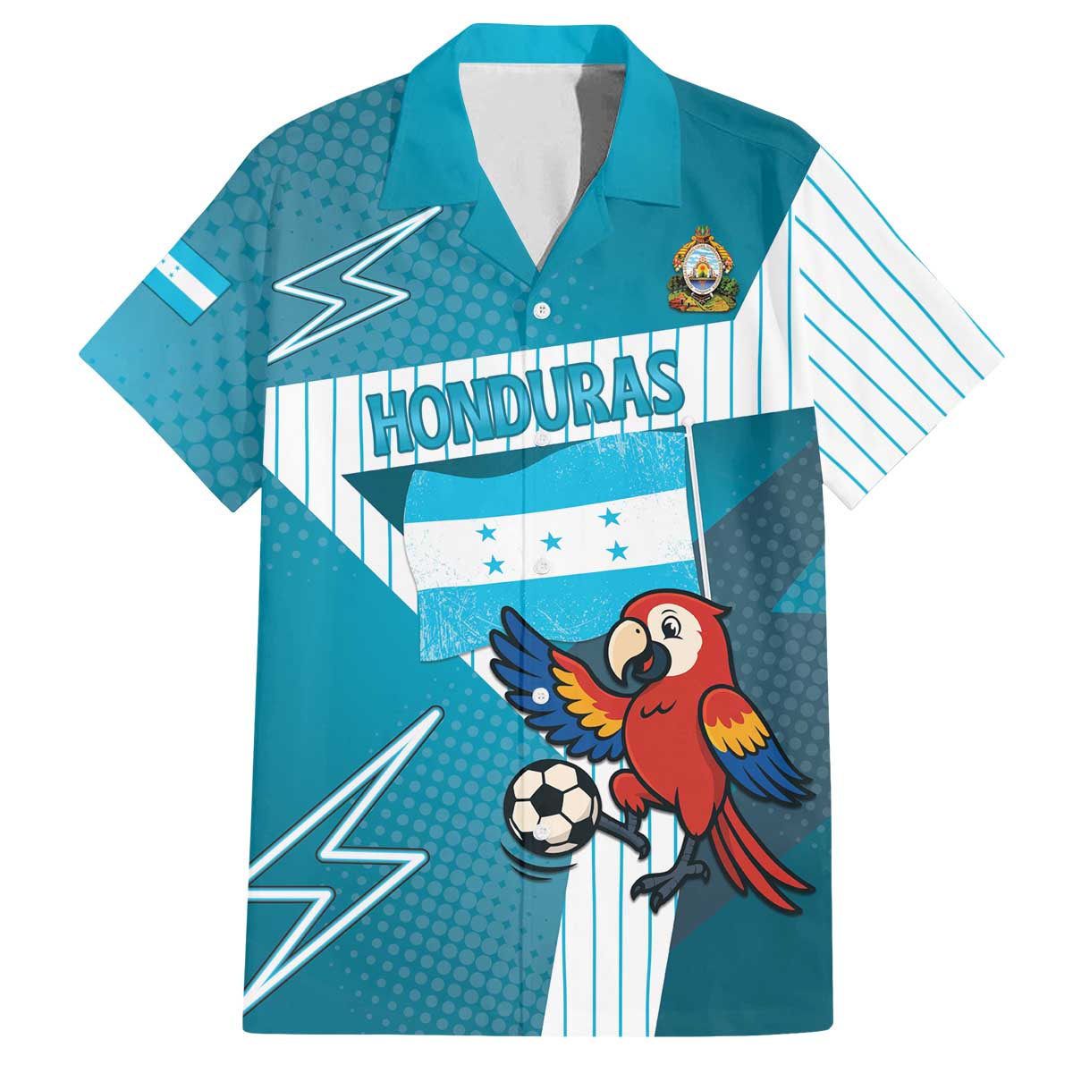 Personalized Honduras Football Family Matching Off The Shoulder Long Sleeve Dress and Hawaiian Shirt Scarlet Macaw Mascot
