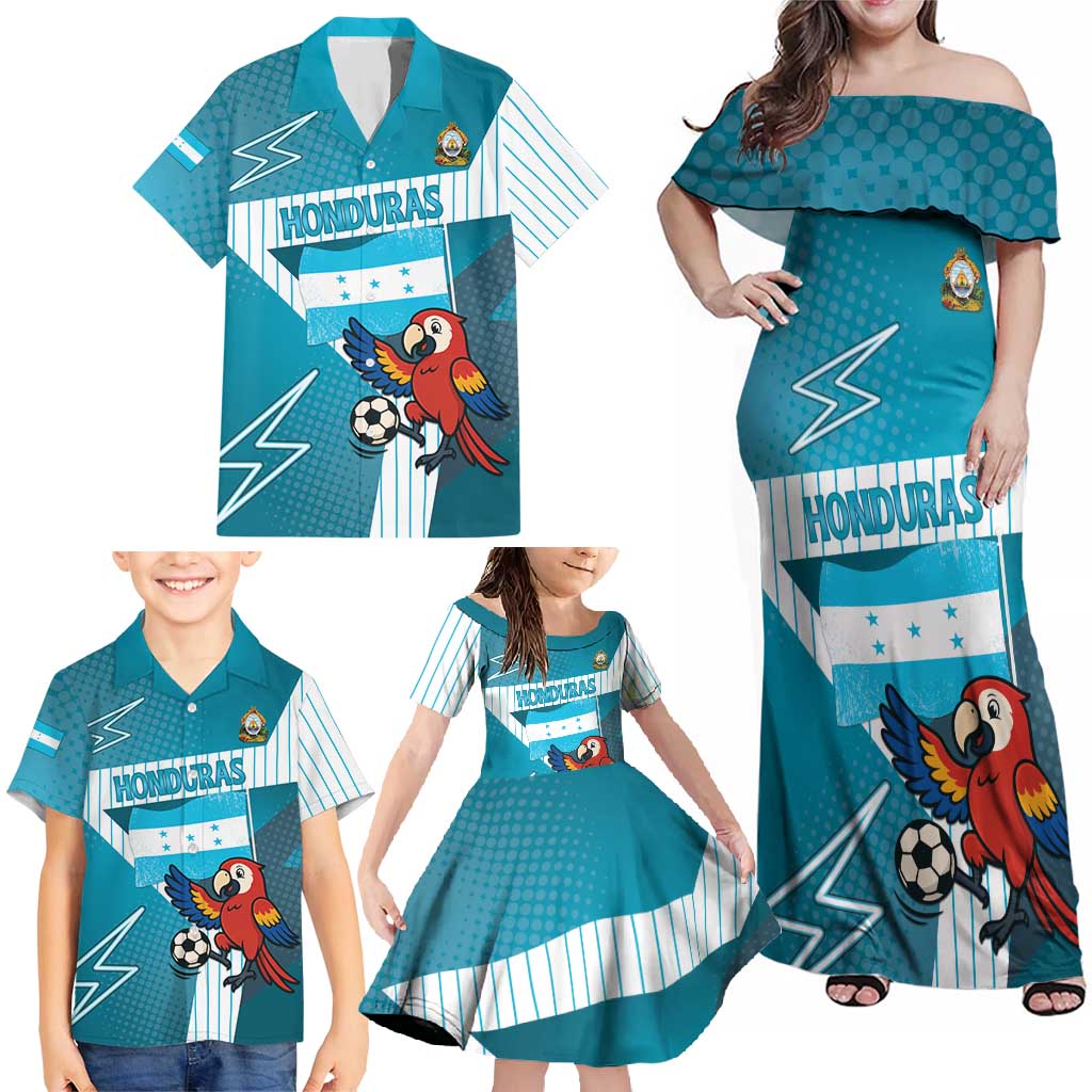 Personalized Honduras Football Family Matching Off Shoulder Maxi Dress and Hawaiian Shirt Scarlet Macaw Mascot