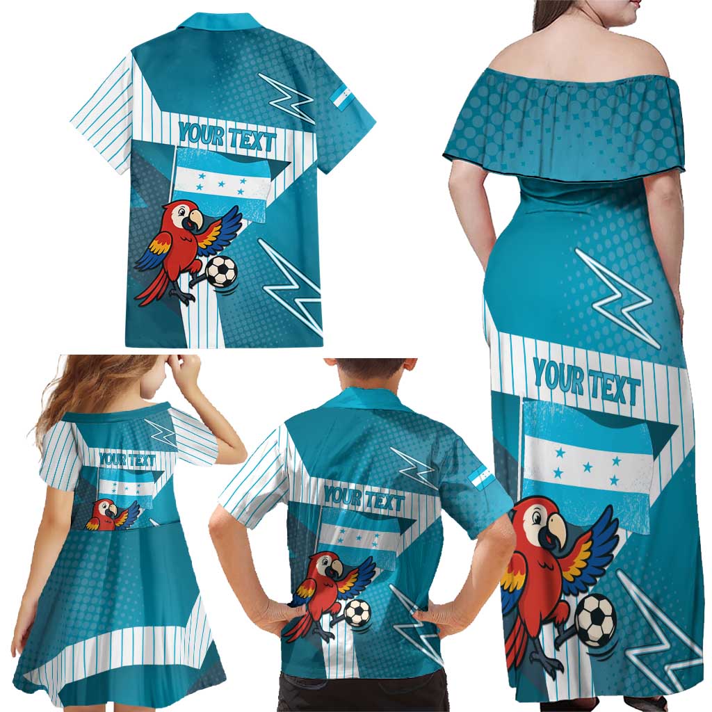 Personalized Honduras Football Family Matching Off Shoulder Maxi Dress and Hawaiian Shirt Scarlet Macaw Mascot