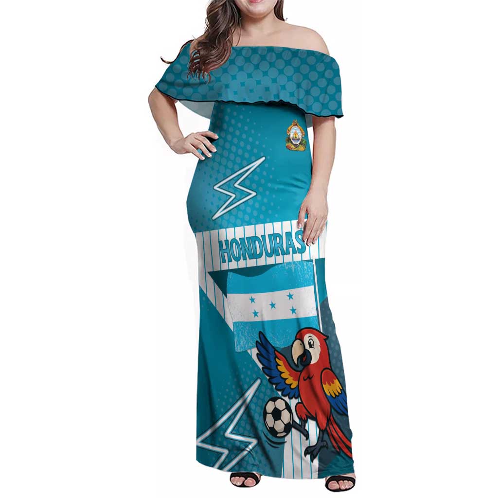 Personalized Honduras Football Family Matching Off Shoulder Maxi Dress and Hawaiian Shirt Scarlet Macaw Mascot