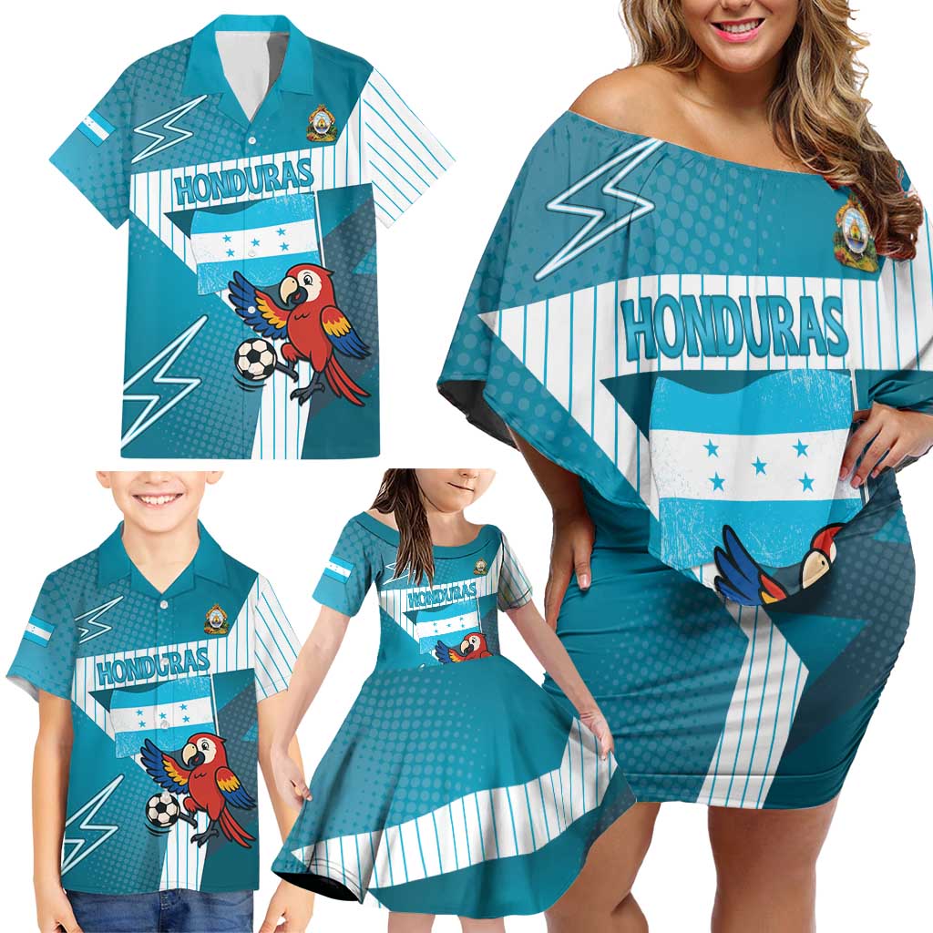 Personalized Honduras Football Family Matching Off Shoulder Short Dress and Hawaiian Shirt Scarlet Macaw Mascot
