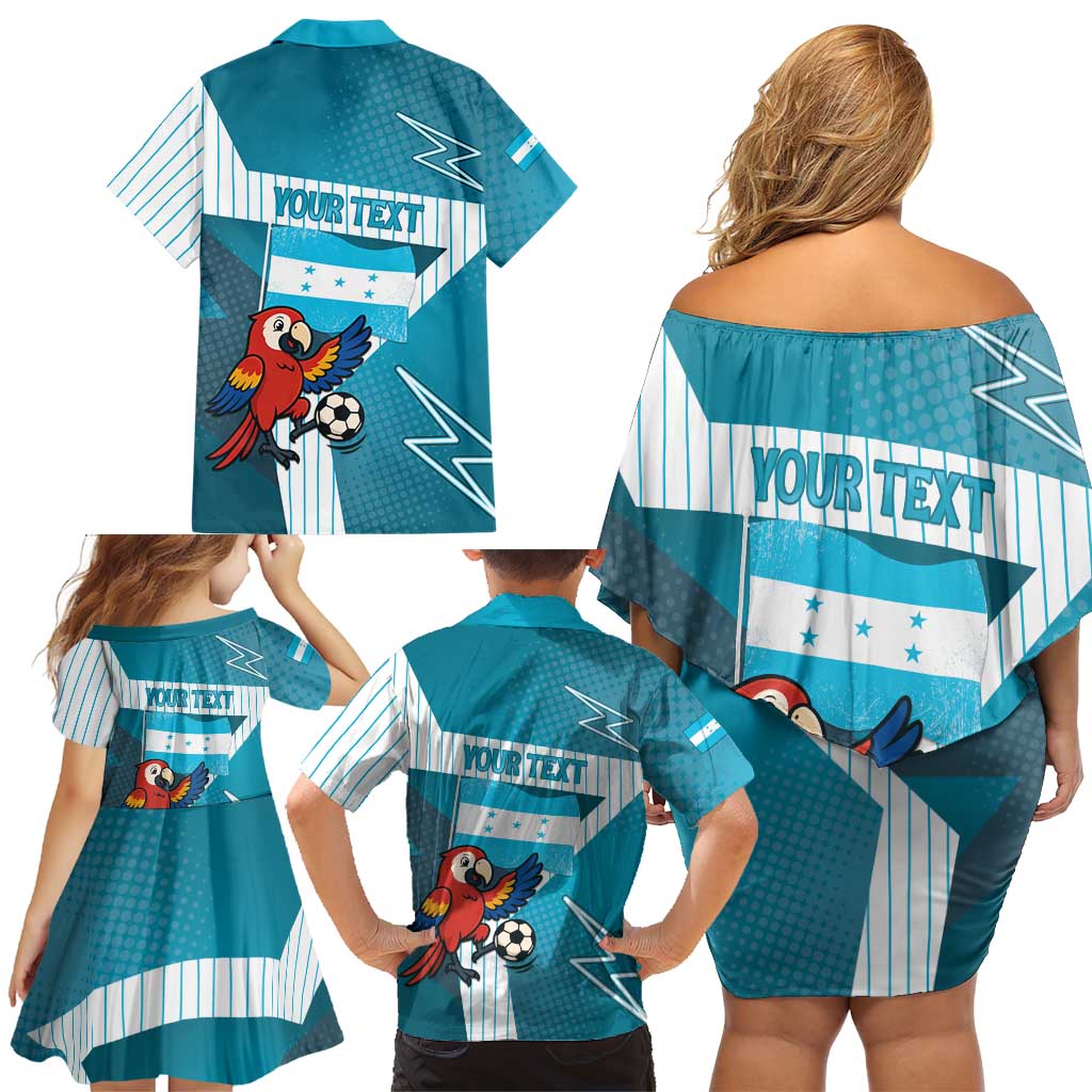 Personalized Honduras Football Family Matching Off Shoulder Short Dress and Hawaiian Shirt Scarlet Macaw Mascot