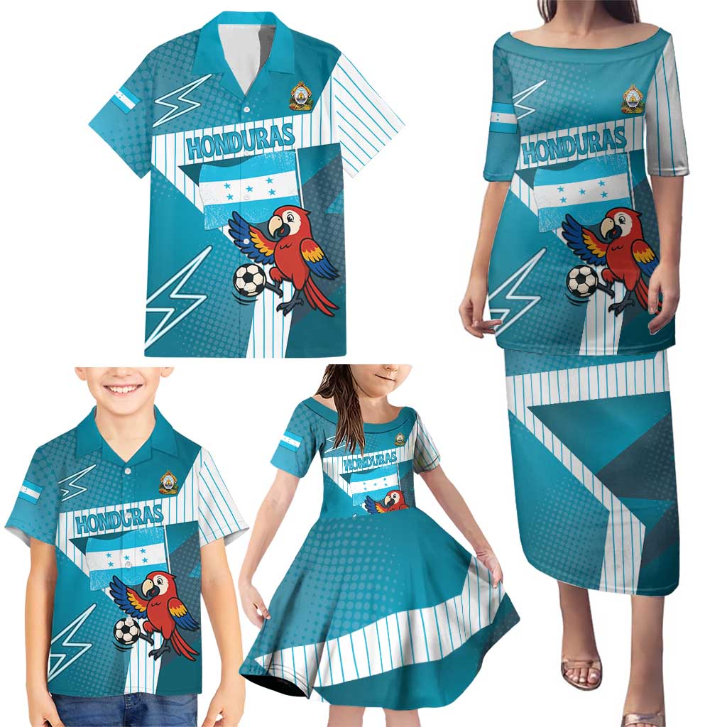 Personalized Honduras Football Family Matching Puletasi and Hawaiian Shirt Scarlet Macaw Mascot