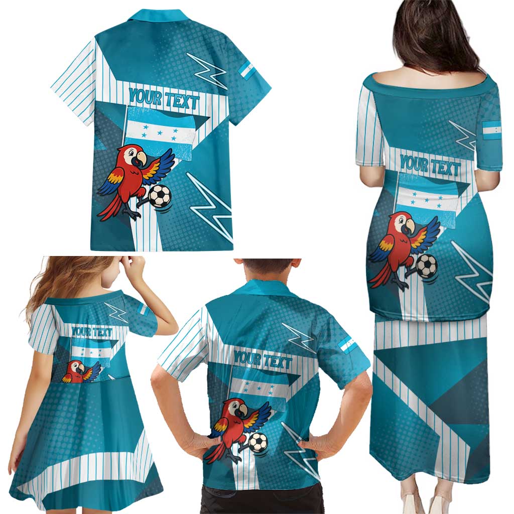 Personalized Honduras Football Family Matching Puletasi and Hawaiian Shirt Scarlet Macaw Mascot