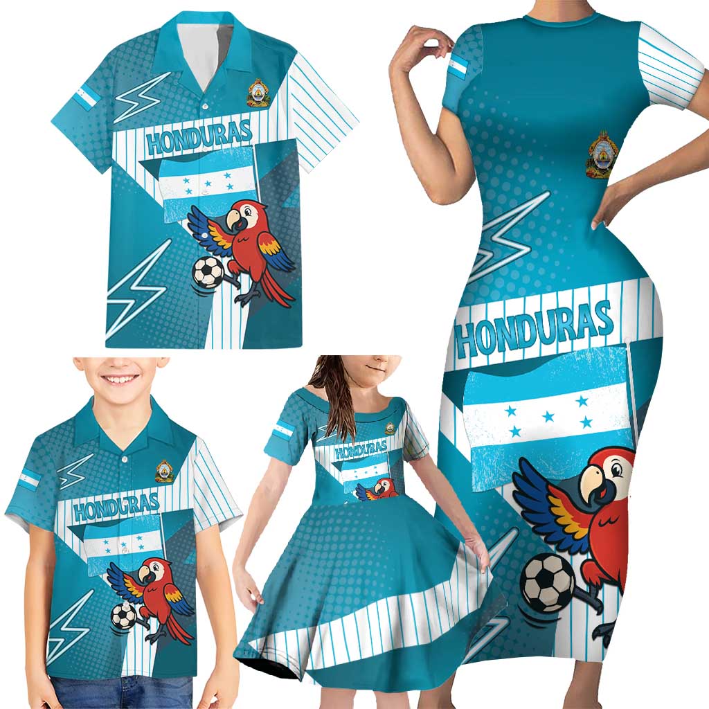 Personalized Honduras Football Family Matching Short Sleeve Bodycon Dress and Hawaiian Shirt Scarlet Macaw Mascot