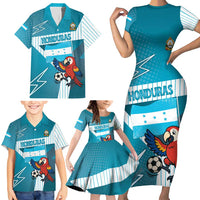Personalized Honduras Football Family Matching Short Sleeve Bodycon Dress and Hawaiian Shirt Scarlet Macaw Mascot