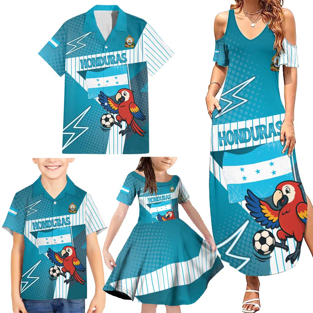 Personalized Honduras Football Family Matching Summer Maxi Dress and Hawaiian Shirt Scarlet Macaw Mascot
