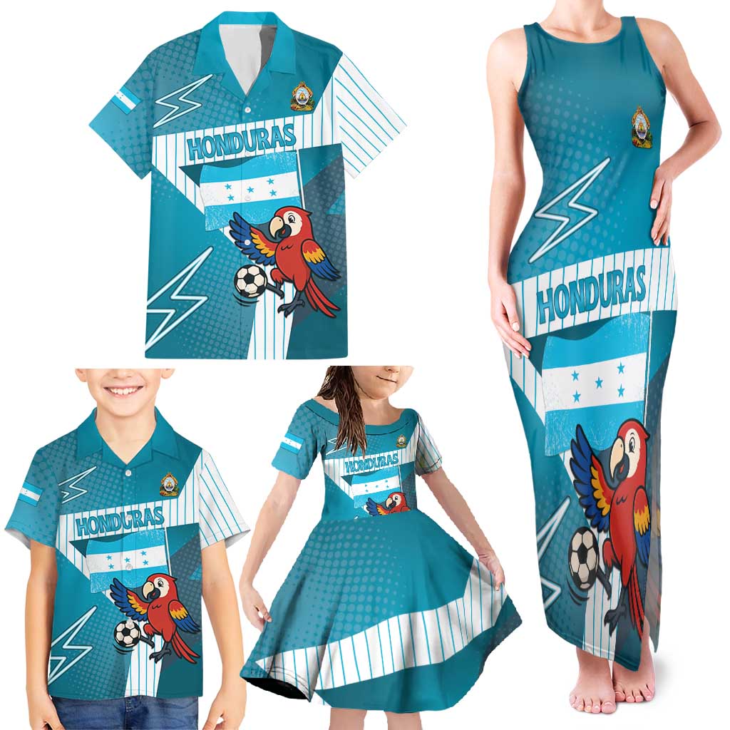 Personalized Honduras Football Family Matching Tank Maxi Dress and Hawaiian Shirt Scarlet Macaw Mascot