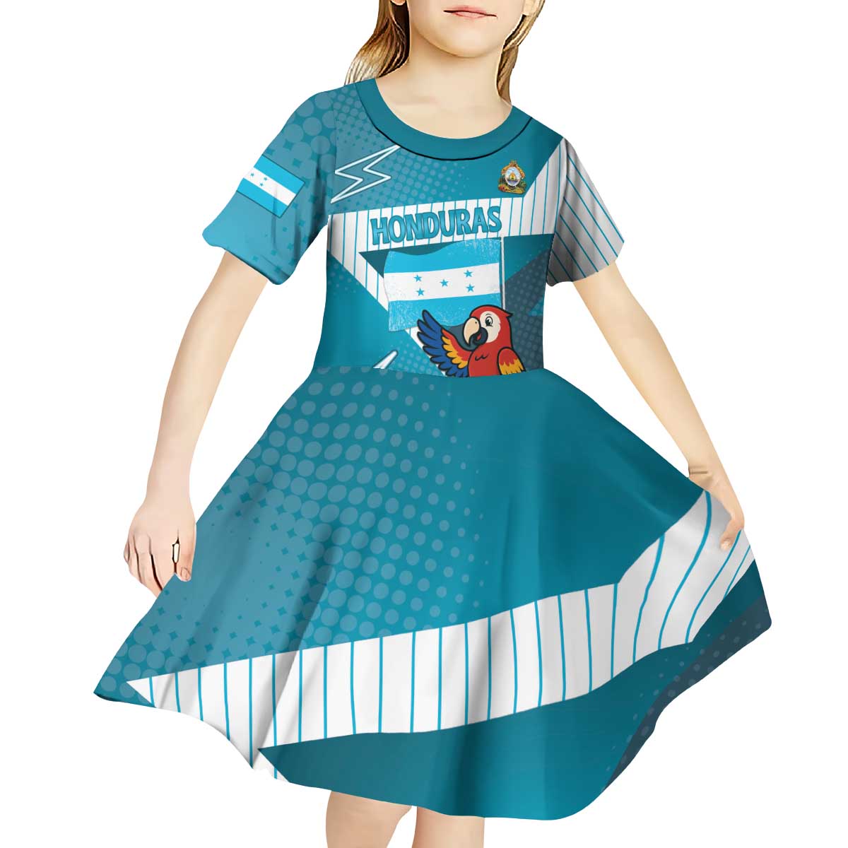 Personalized Honduras Football Kid Short Sleeve Dress Scarlet Macaw Mascot