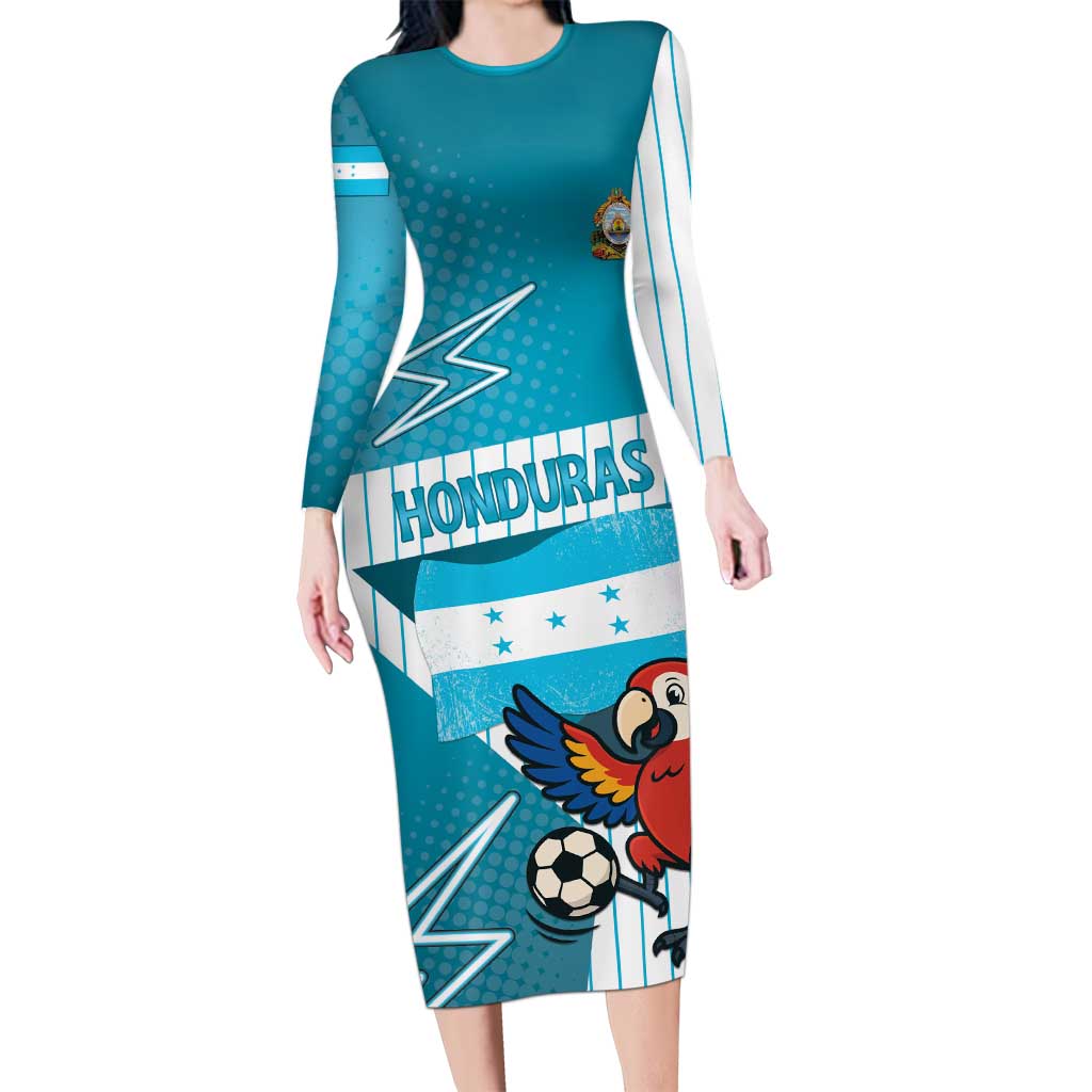 Personalized Honduras Football Long Sleeve Bodycon Dress Scarlet Macaw Mascot
