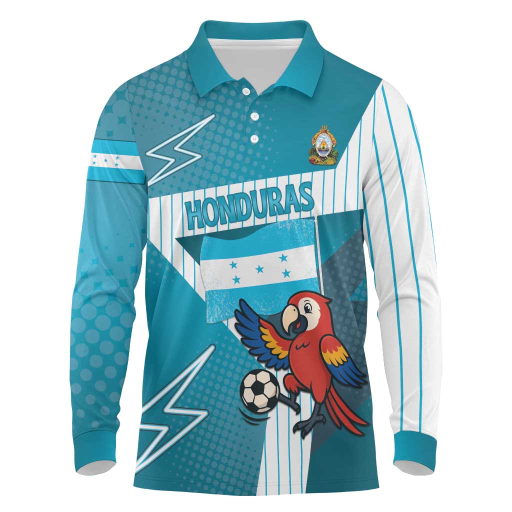Personalized Honduras Football Long Sleeve Polo Shirt Scarlet Macaw Mascot