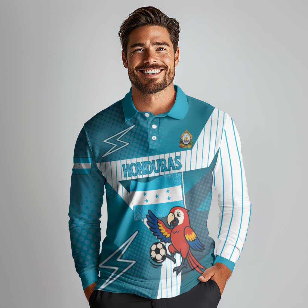 Personalized Honduras Football Long Sleeve Polo Shirt Scarlet Macaw Mascot