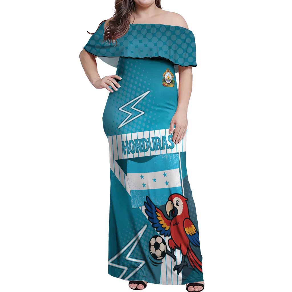 Personalized Honduras Football Off Shoulder Maxi Dress Scarlet Macaw Mascot