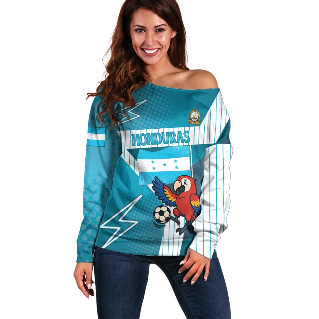Personalized Honduras Football Off Shoulder Sweater Scarlet Macaw Mascot