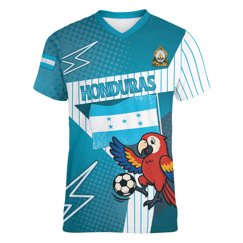 Personalized Honduras Football Women V-Neck T-Shirt Scarlet Macaw Mascot