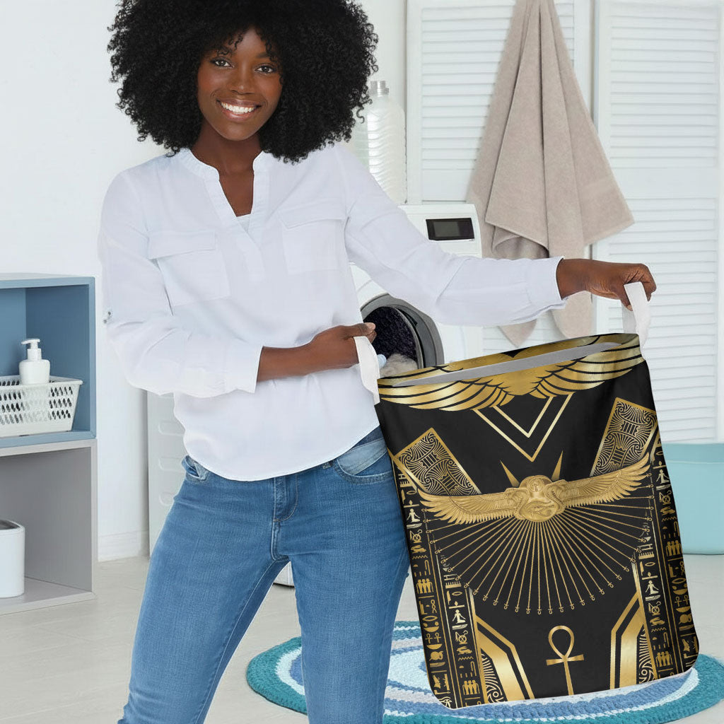 Egypt Winged Sun Laundry Basket Ancient Mythology Golden Ankh