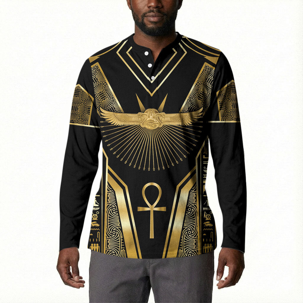Egypt Winged Sun Button Sweatshirt Ancient Mythology Golden Ankh