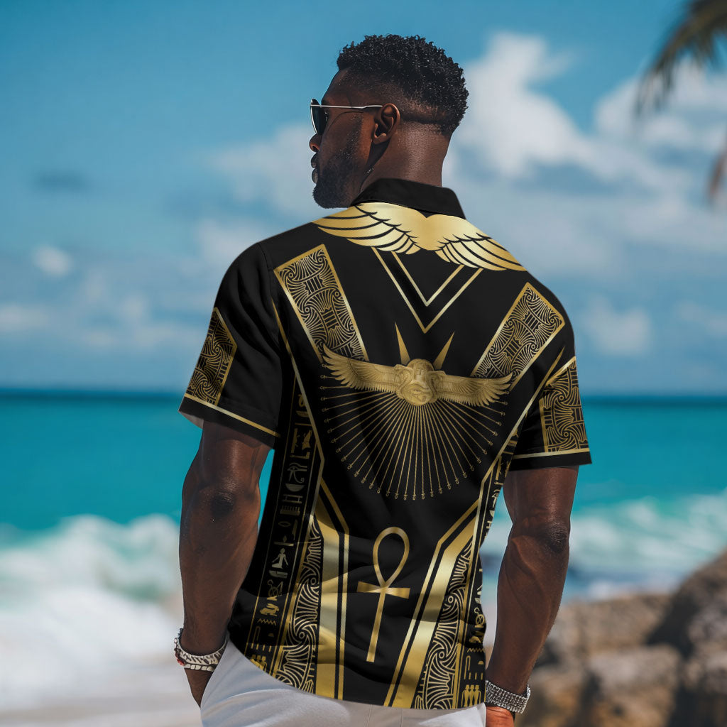 Egypt Winged Sun Hawaiian Shirt Ancient Mythology Golden Ankh DT05