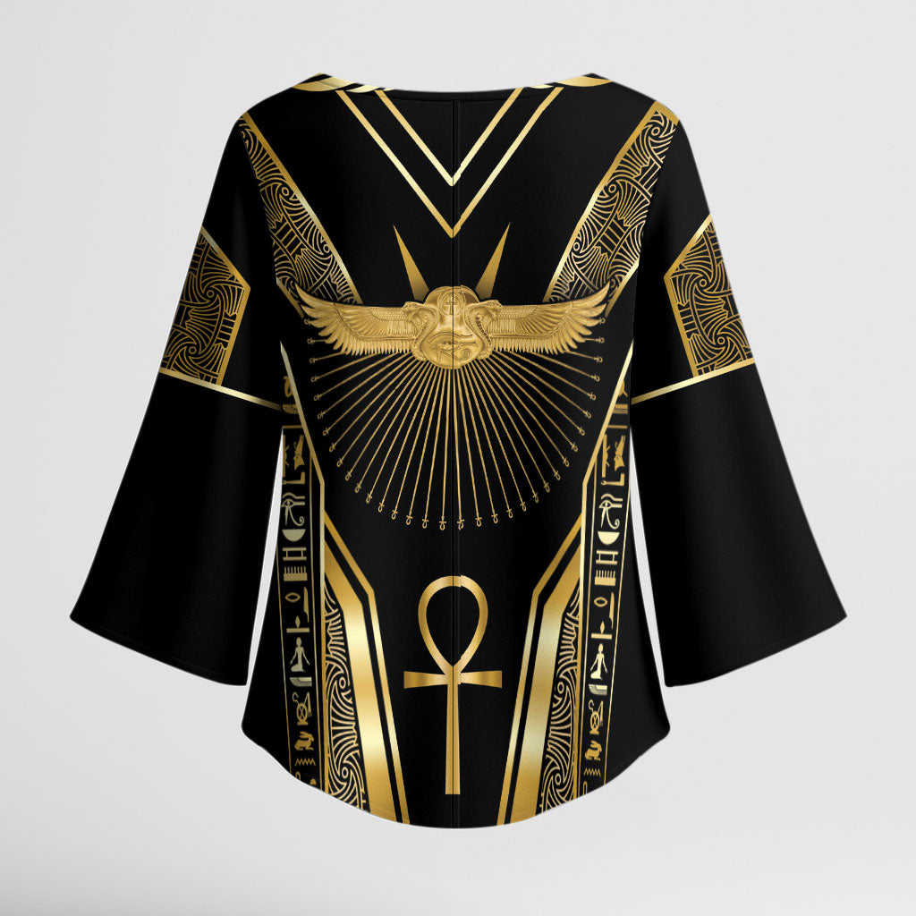 Egypt Winged Sun Kimono Sleeve Blouse Ancient Mythology Golden Ankh