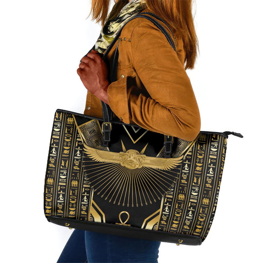 Egypt Winged Sun Leather Tote Bag Ancient Mythology Golden Ankh
