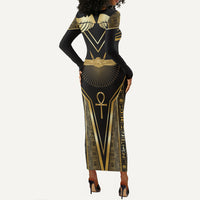 Egypt Winged Sun Long Sleeve Bodycon Dress Ancient Mythology Golden Ankh