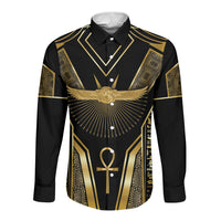 Egypt Winged Sun Long Sleeve Button Shirt Ancient Mythology Golden Ankh