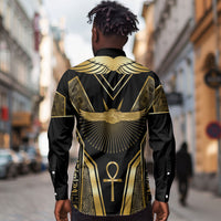 Egypt Winged Sun Long Sleeve Button Shirt Ancient Mythology Golden Ankh