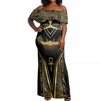 Egypt Winged Sun Off Shoulder Maxi Dress Ancient Mythology Golden Ankh