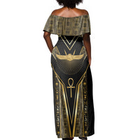 Egypt Winged Sun Off Shoulder Maxi Dress Ancient Mythology Golden Ankh