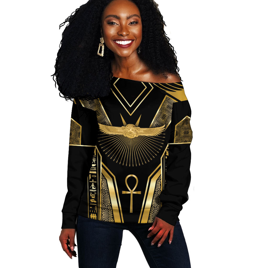 Egypt Winged Sun Off Shoulder Sweater Ancient Mythology Golden Ankh
