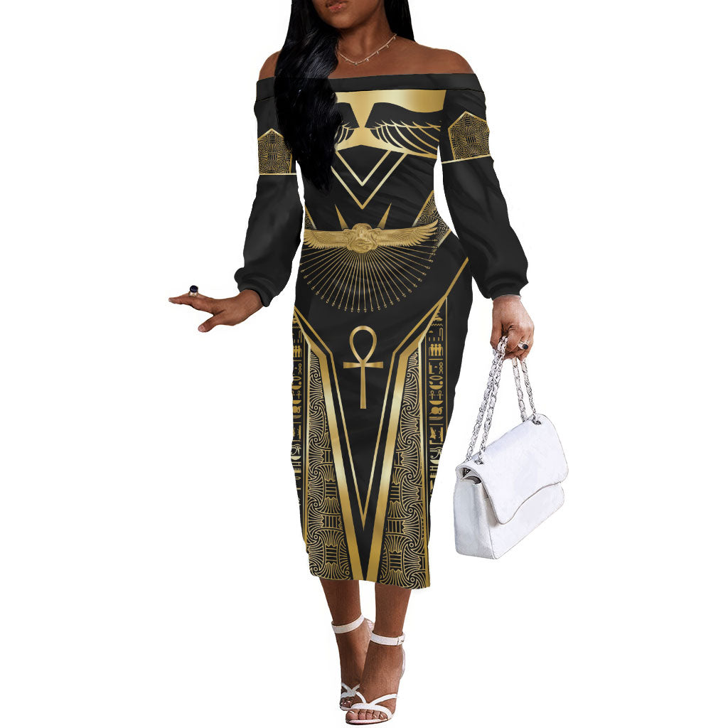 Egypt Winged Sun Off The Shoulder Long Sleeve Dress Ancient Mythology Golden Ankh