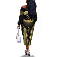 Egypt Winged Sun Off The Shoulder Long Sleeve Dress Ancient Mythology Golden Ankh