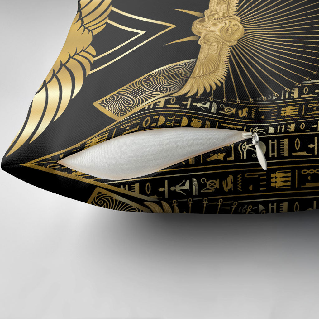 Egypt Winged Sun Pillow Cover Ancient Mythology Golden Ankh