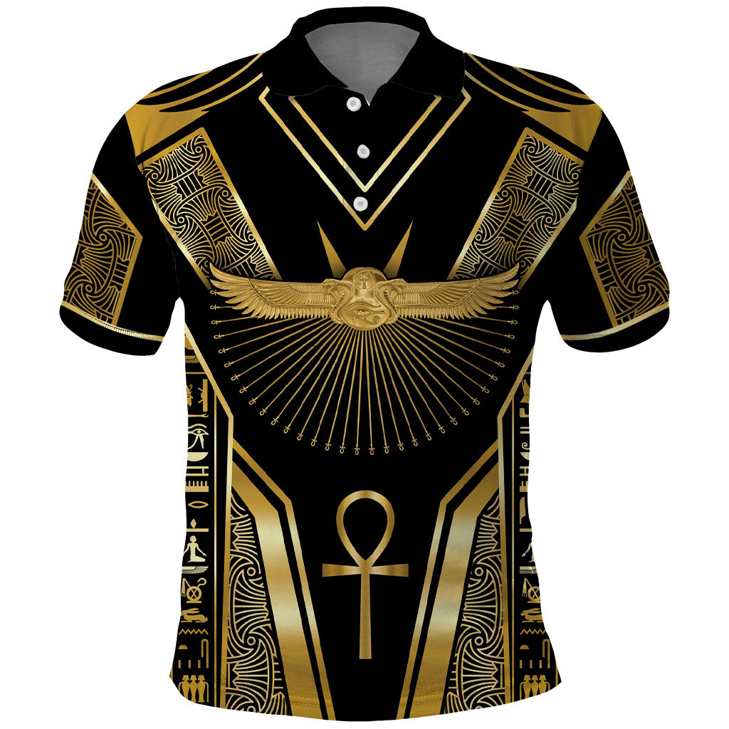 Egypt Winged Sun Polo Shirt Ancient Mythology Golden Ankh
