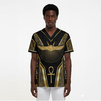 Egypt Winged Sun Scrub Top Ancient Mythology Golden Ankh