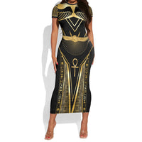 Egypt Winged Sun Short Sleeve Bodycon Dress Ancient Mythology Golden Ankh