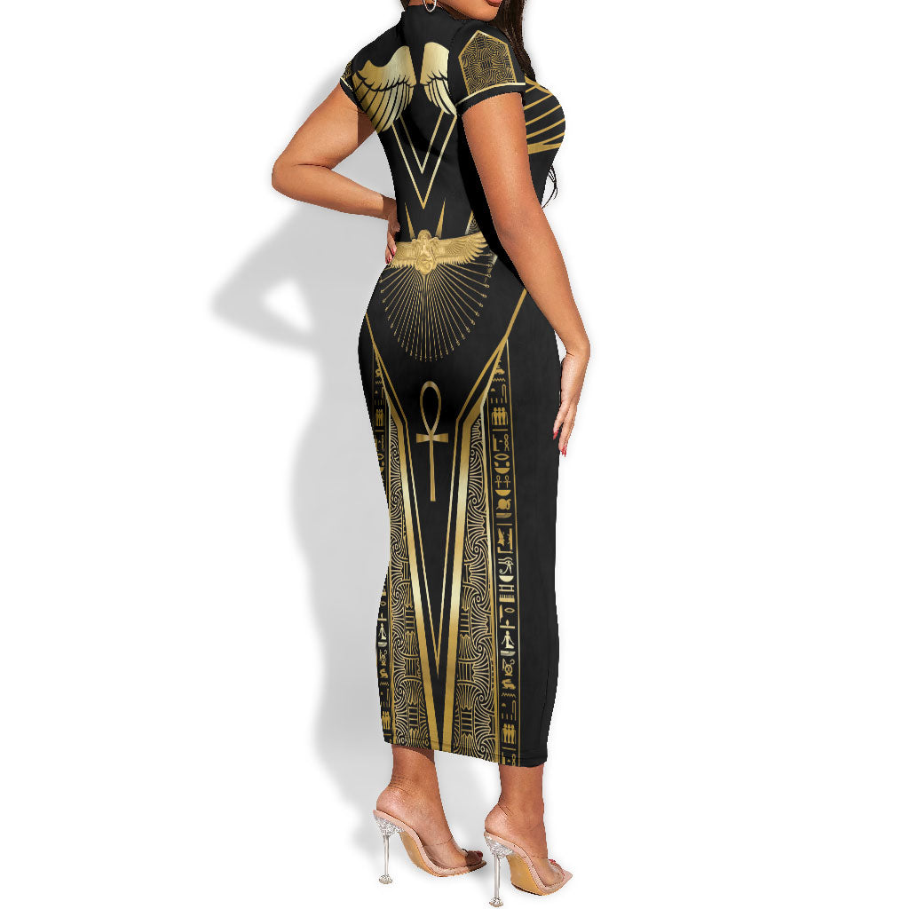 Egypt Winged Sun Short Sleeve Bodycon Dress Ancient Mythology Golden Ankh