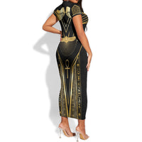 Egypt Winged Sun Short Sleeve Bodycon Dress Ancient Mythology Golden Ankh