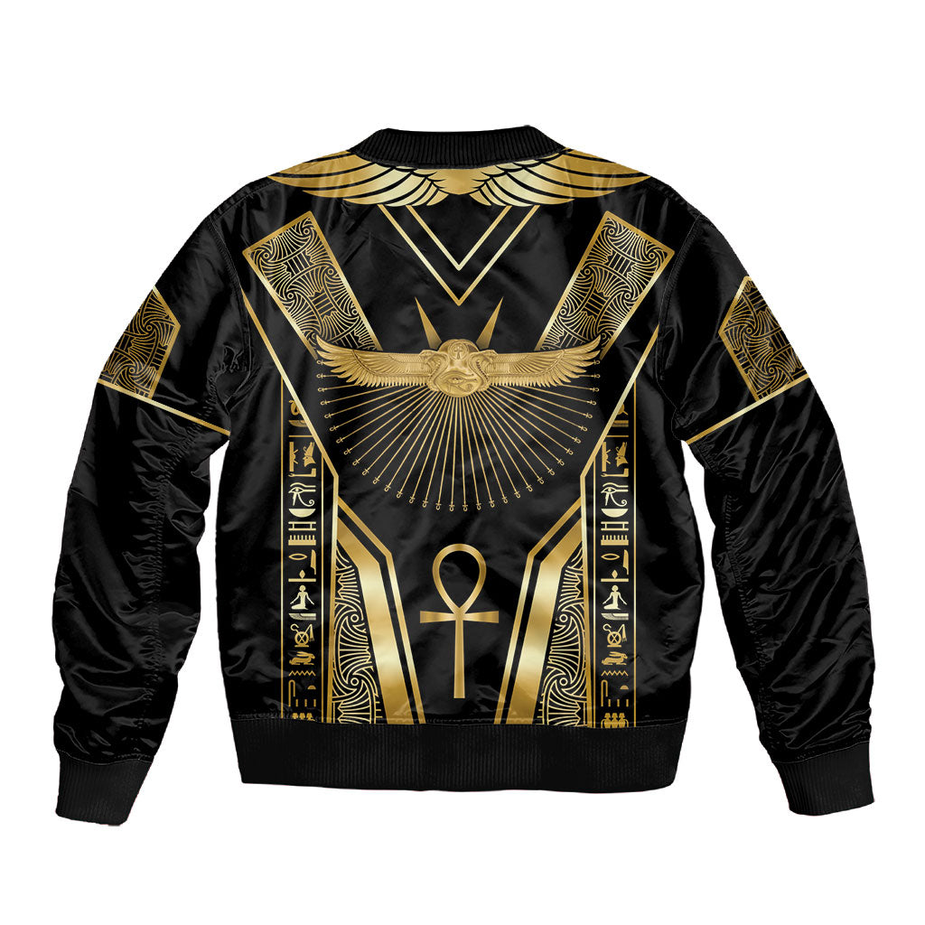 Egypt Winged Sun Sleeve Zip Bomber Jacket Ancient Mythology Golden Ankh