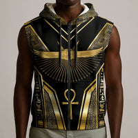 Egypt Winged Sun Sleeveless Zip Hoodie Ancient Mythology Golden Ankh