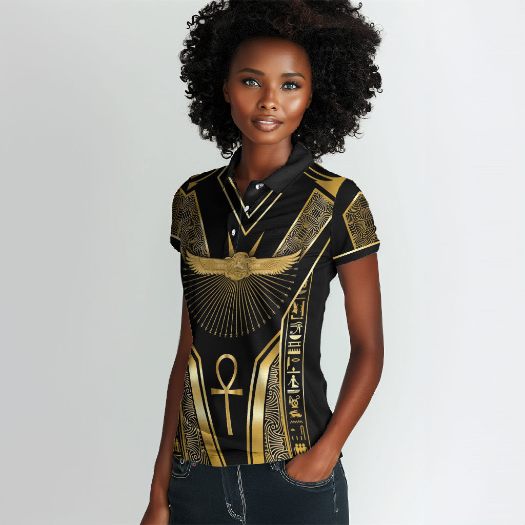 Egypt Winged Sun Women Polo Shirt Ancient Mythology Golden Ankh