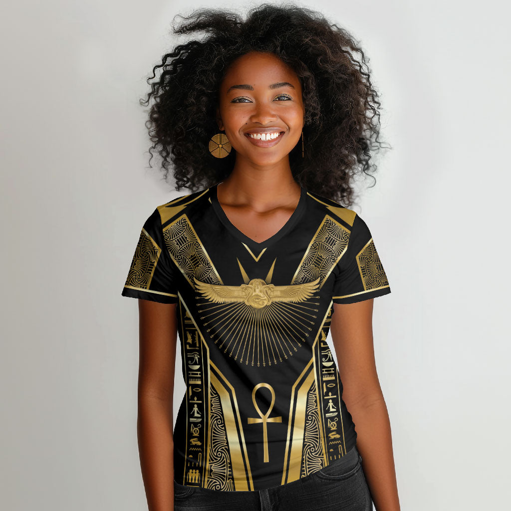 Egypt Winged Sun Women V-Neck T-Shirt Ancient Mythology Golden Ankh