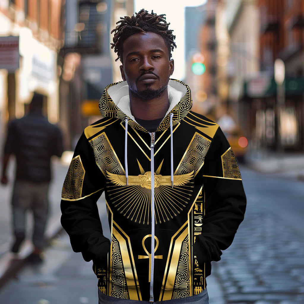 Egypt Winged Sun Zip Hoodie Ancient Mythology Golden Ankh